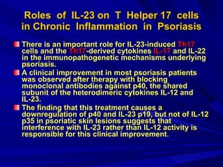 Roles  of  IL-23 on  T  Helper 17  cells in Chronic  Inflammation  in  Psoriasis There is an important role for IL-23-induced  Th17  cells and the  Th17 -derived cytokines  IL-17  and IL-22 in the immunopathogenetic mechanisms underlying psoriasis.  A clinical improvement in most psoriasis patients was observed after therapy with blocking monoclonal antibodies against p40, the shared subunit of the heterodimeric cytokines IL-12 and IL-23.  The finding that this treatment causes a downregulation of p40 and IL-23 p19, but not of IL-12 p35 in psoriatic skin lesions suggests that interference with IL-23 rather than IL-12 activity is responsible for this clinical improvement . 