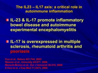 The IL23 – IL17 axis: a critical role in autoimmune inflammation IL-23 & IL-17 promote inflammatory bowel disease and autoimmune experimental encephalomyelitis IL-17 is overexpressed in multiple sclerosis, rheumatoid arthritis and  psoriasis Cua et al., Nature 421:744, 2003 Weaver et al., Immunity 24:677, 2006 Mensah-Brown et al., Eur J Immunol 36:216, 2006 S Hue et al. J Exp Med 11:2473, 2006 