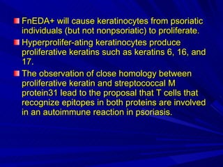 FnEDA+ will cause keratinocytes from psoriatic individuals (but not nonpsoriatic) to proliferate. Hyperprolifer-ating keratinocytes produce proliferative keratins such as keratins 6, 16, and 17. The observation of close homology between proliferative keratin and streptococcal M protein31 lead to the proposal that T cells that recognize epitopes in both proteins are involved in an autoimmune reaction in psoriasis. 