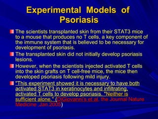 Experimental  Models  of  Psoriasis The scientists transplanted skin from their STAT3 mice to a mouse that produces no T cells, a key component of the immune system that is believed to be necessary for development of psoriasis.  The transplanted skin did not initially develop psoriasis lesions.  However, when the scientists injected activated T cells into the skin grafts on T cell-free mice, the mice then developed psoriasis following mild injury.  "This experiment showed it is necessary to have both activated STAT3 in keratinocytes and infiltrating, activated T cells to develop psoriasis. " Neither is sufficient alone."  ( DiGiovanni’s et al , the Journal Nature Medicine ,Jan.2005 ) 