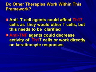 Do Other Therapies Work Within This Framework? Anti–T-cell agents could affect  Th17  cells as  they would other T cells, but this needs to be  clarified  Anti-TNF  agents could decrease activity of  Th1 7 cells or work directly on keratinocyte responses 