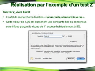Réalisation par l’exemple d’un test Z  Trouver z   avec Excel Il suffit de rechercher la fonction «  loi.normale.standard.inverse  ». Cette valeur de 1,96 est quasiment une constante liée au consensus scientifique plaçant le risque de 1° espèce habituellement à 5% .   