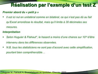 Réalisation par l’exemple d’un test Z  Premier abord du « petit p » Il est ici nul en unilatéral comme en bilatéral, ce qui n’est pas dû au fait qu’Excel arrondisse le résultat, mais qu’il limite à 30 décimales ses mesures. Interprétation  Selon Huguier & Flahaut*, le hasard a moins d’une chance sur 10 30   d’être intervenu dans les différences observées. N.B. tous les statisticiens ne sont pas d’accord avec cette simplification, pourtant bien compréhensible… * Huguier M. Flahault A. Biostatistiques au quotidien. Elsevier. 2003 