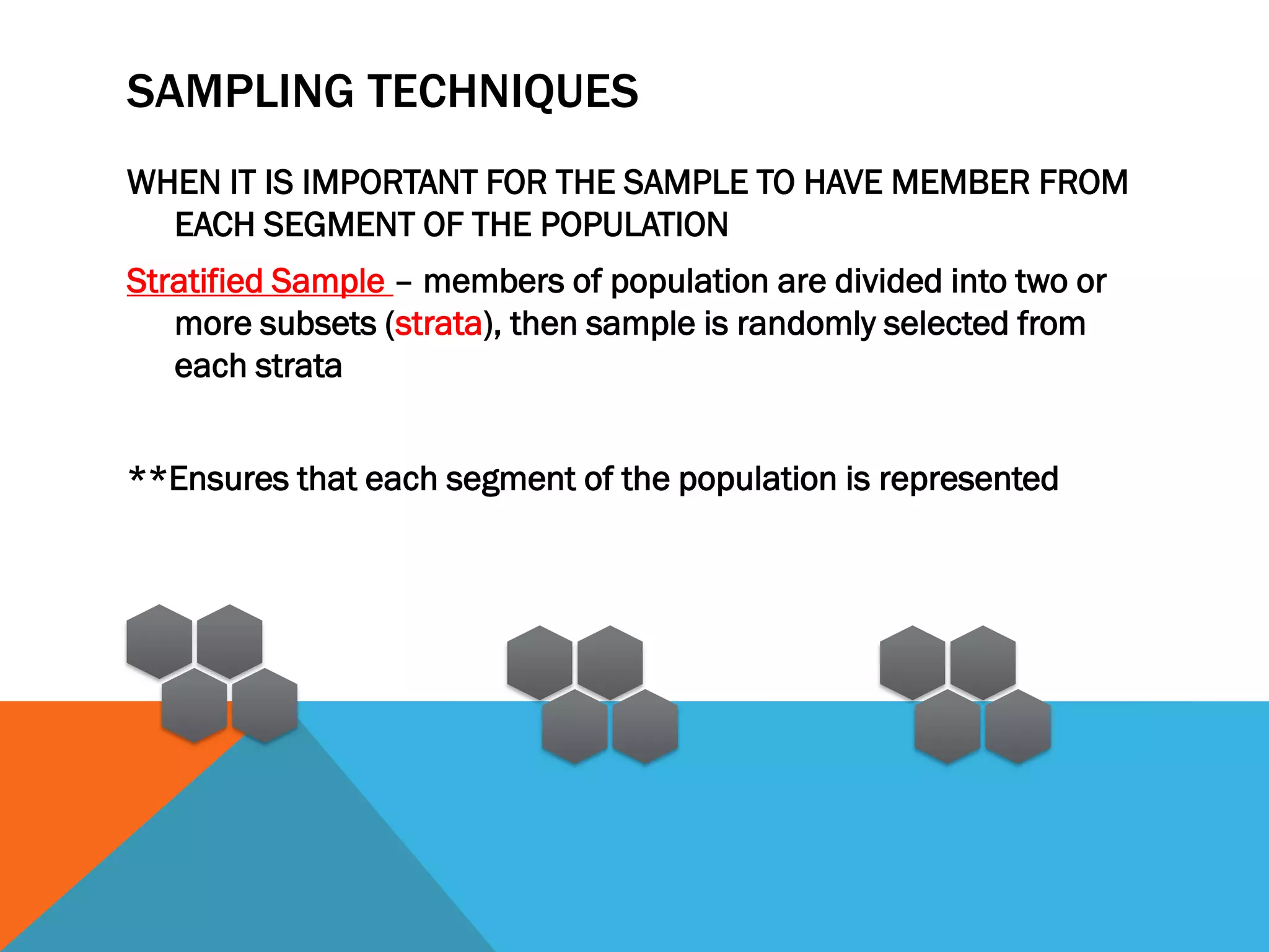 SAMPLING TECHNIQUES
WHEN IT IS IMPORTANT FOR THE SAMPLE TO HAVE MEMBER FROM
EACH SEGMENT OF THE POPULATION
Stratified Sample – members of population are divided into two or
more subsets (strata), then sample is randomly selected from
each strata
**Ensures that each segment of the population is represented
 