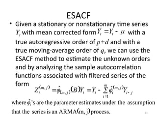 ESACF
• Given a stationary or nonstationary time series
Yt with mean corrected form with a
true autoregressive order of p+d and with a
true moving-average order of q, we can use the
ESACF method to estimate the unknown orders
and by analyzing the sample autocorrelation
functions associated with filtered series of the
form
21


 t
t Y
Y
 
    






m
i
j
t
j
m
i
t
t
j
m
j
m
t Y
Y
Y
B
Z
1
,
,
, ˆ
ˆ 

 process.
j
m,
ARMA
an
is
series
that the
assumption
under the
estimates
parameter
the
are
s
'
ˆ
where i

 