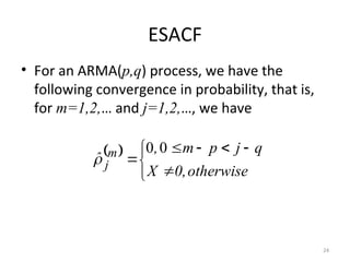 ESACF
• For an ARMA(p,q) process, we have the
following convergence in probability, that is,
for m=1,2,… and j=1,2,…, we have
24
 









otherwise
0,
X
q
j
p
m
,
ˆ m
j
0
0

 