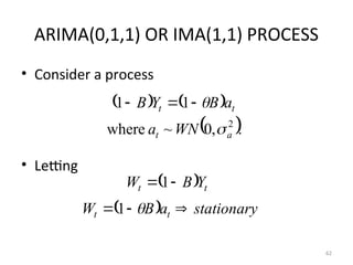 ARIMA(0,1,1) OR IMA(1,1) PROCESS
• Consider a process
• Letting
62
   
 .
,
0
~
where
1
1
2
a
t
t
t
WN
a
a
B
Y
B





  t
t Y
B
W 
 1
  stationary
a
B
W t
t 

 
1
 