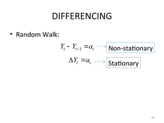 DIFFERENCING
• Random Walk:
68
t
t
t a
Y
Y 
  1
t
t a
Y 

Non-stationary
Stationary
 