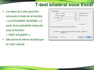 T-test bilatéral sous Excel La valeur de t zéro p eut être retrouvée à l’aide de la fonction « LOI.STUDENT.INVERSE » à partir de la probabilité retrouvée sous la fonction « TEST.STUDENT ». Elle donne le même résultat que le t zéro calculé. 