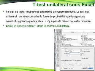 T-test unilatéral sous Excel Il s’agit de tester l’hypothèse alternative à l’hypothèse nulle. Le test est unilatéral : on veut connaître la force de probabilité que les garçons soient plus grands que les filles ; il n’y a pas de raison de tester l’inverse. Seule va varier la valeur 1 dans le champ Uni/bilatéral. 