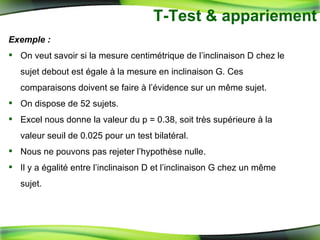 T-Test & appariement Exemple : On veut savoir si la mesure centimétrique de l’inclinaison D chez le sujet debout est égale à la mesure en inclinaison G. Ces comparaisons doivent se faire à l’évidence sur un même sujet.  On dispose de 52 sujets.  Excel nous donne la valeur du p = 0.38, soit très supérieure à la valeur seuil de 0.025 pour un test bilatéral. Nous ne pouvons pas rejeter l’hypothèse nulle.  Il y a égalité entre l’inclinaison D et l’inclinaison G chez un même sujet. 