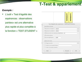 T-Test & appariement Exemple : L’outil « Test d’égalité des espérances : observations pairées» est une alternative plus rapide et plus complète à la fonction « TEST.STUDENT » 