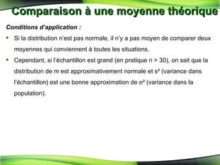 Comparaison à une moyenne théorique Conditions d’application : Si la distribution n’est pas normale, il n’y a pas moyen de comparer deux moyennes qui conviennent à toutes les situations.  Cependant, si l’échantillon est grand (en pratique n > 30), on sait que la distribution de m est approximativement normale et s² (variance dans l’échantillon) est une bonne approximation de   ² (variance dans la population). 