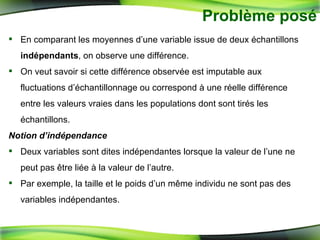 Problème posé En comparant les moyennes d’une variable issue de deux échantillons  indépendants , on observe une différence.  On veut savoir si cette différence observée est imputable aux fluctuations d’échantillonnage ou correspond à une réelle différence entre les valeurs vraies dans les populations dont sont tirés les échantillons. Notion d’indépendance Deux variables sont dites indépendantes lorsque la valeur de l’une ne peut pas être liée à la valeur de l’autre.  Par exemple, la taille et le poids d’un même individu ne sont pas des variables indépendantes. 