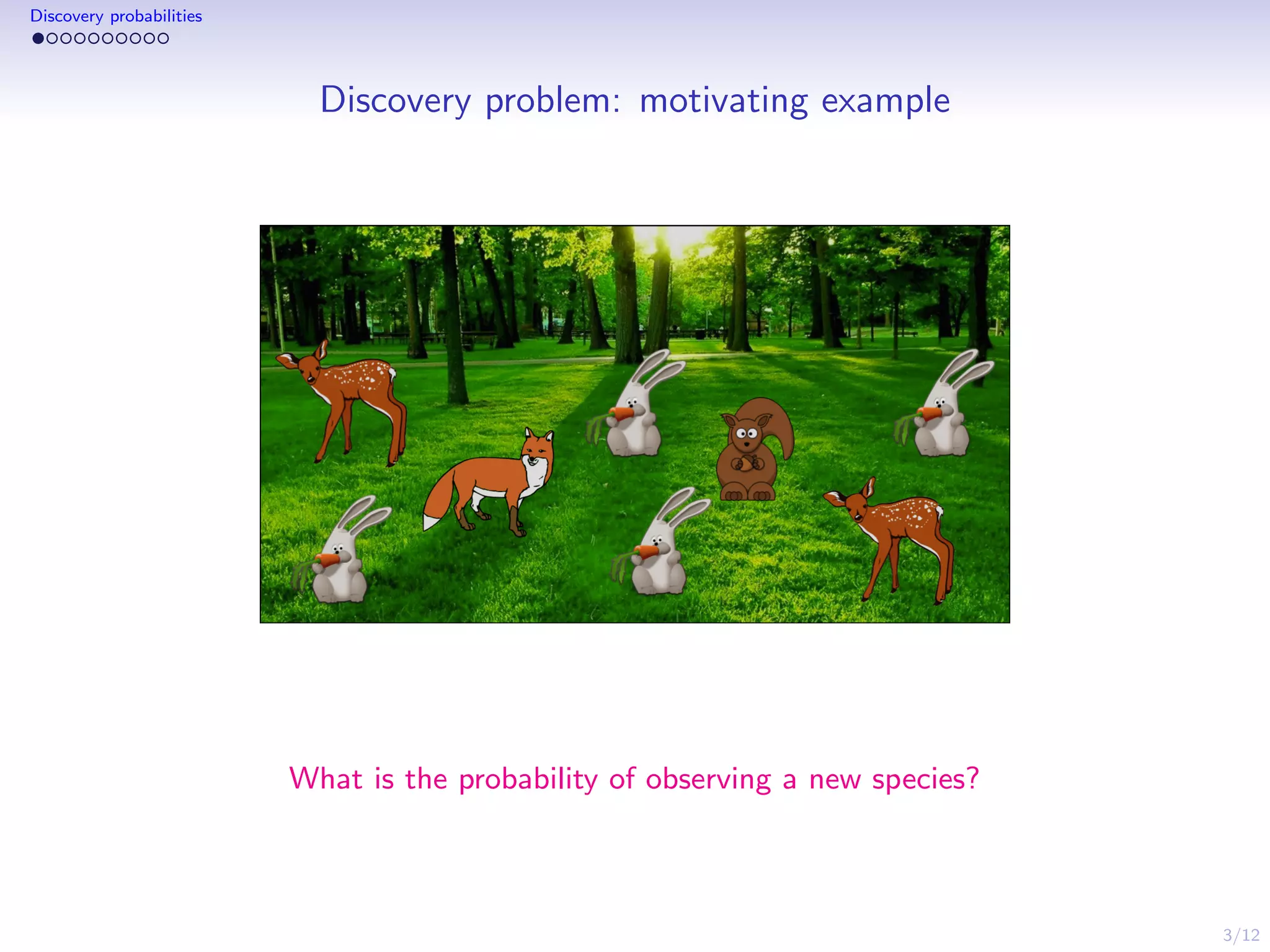 3/12
Discovery probabilities
Discovery problem: motivating example
What is the probability of observing a new species?
 