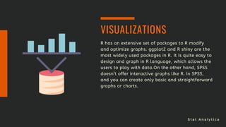 S t a t A n a l y t i c a
R has an extensive set of packages to R modify
and optimize graphs. ggplot2 and R shiny are the
most widely used packages in R. It is quite easy to
design and graph in R language, which allows the
users to play with data.On the other hand, SPSS
doesn’t offer interactive graphs like R. In SPSS,
and you can create only basic and straightforward
graphs or charts.
VISUALIZATIONS
 