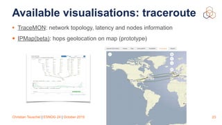 Christian Teuschel | ESNOG 24 | October 2019
Available visualisations: traceroute
• TraceMON: network topology, latency and nodes information
• IPMap(beta): hops geolocation on map (prototype)
23
 