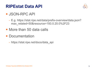 Christian Teuschel | ESNOG 24 | October 2019 5
RIPEstat Data API
• JSON-RPC API
- E.g. https://stat.ripe.net/data/prefix-overview/data.json?
max_related=50&resource=193.0.20.0%2F23
• More than 50 data calls
• Documentation
- https://stat.ripe.net/docs/data_api
 