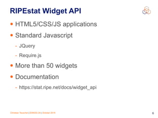 Christian Teuschel | ESNOG 24 | October 2019 6
RIPEstat Widget API
• HTML5/CSS/JS applications
• Standard Javascript
- JQuery
- Require.js
• More than 50 widgets
• Documentation
- https://stat.ripe.net/docs/widget_api
 