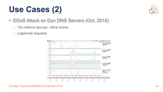 Christian Teuschel | ESNOG 24 | October 2019
Use Cases (2)
• DDoS Attack on Dyn DNS Servers (Oct. 2016)
- 10s millions devices - Mirai botnet
- Legitimate requests
44
 