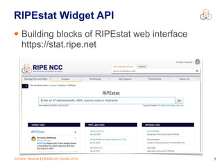 Christian Teuschel | ESNOG 24 | October 2019 7
RIPEstat Widget API
• Building blocks of RIPEstat web interface 
https://stat.ripe.net
 