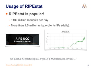 Christian Teuschel | ESNOG 24 | October 2019 8
Usage of RIPEstat
• RIPEstat is popular!
- ~100 million requests per day
- More than 1.5 million unique clients/IPs (daily)
“RIPEstat is the most used tool of the RIPE NCC tools and services…”
 