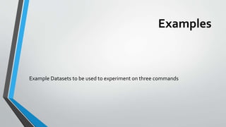 Examples
Example Datasets to be used to experiment on three commands
 