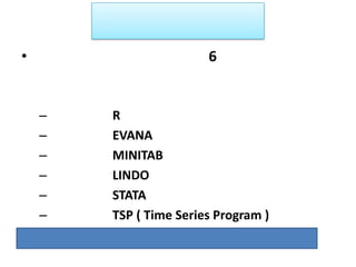 รายงานรายงาน
• ให้นิสิตแบ่งกลุ่มออกเป็น 6 กลุ่ม เพื่อจัดทำา
รายงานนำาเสนอวิธีการใช้งานโปรแกรม
ทางสถิติ ตามโปรแกรมต่างๆ ต่อไปนี้
– โปรแกรม R
– โปรแกรม EVANA
– โปรแกรม MINITAB
– โปรแกรม LINDO
– โปรแกรม STATA
– โปรแกรม TSP ( Time Series Program )
ตัวอย่างการประยุกต์ใช้โปรแกรมทางสถิติในรายวิชา
จะใช้โปรแกรม SPSS
 