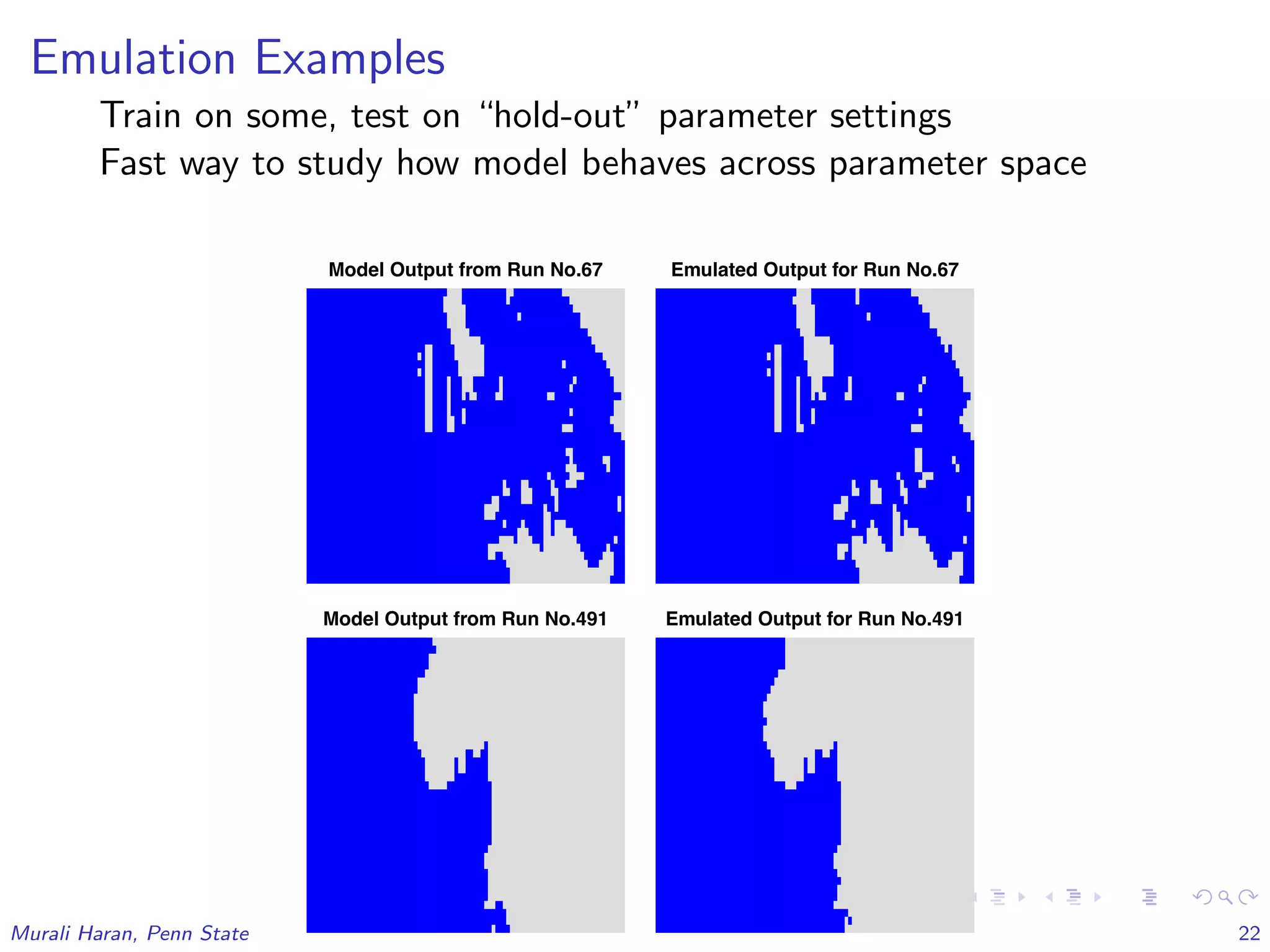 Emulation Examples
Train on some, test on “hold-out” parameter settings
Fast way to study how model behaves across parameter space
Model Output from Run No.67 Emulated Output for Run No.67
Model Output from Run No.491 Emulated Output for Run No.491
Murali Haran, Penn State 22
 