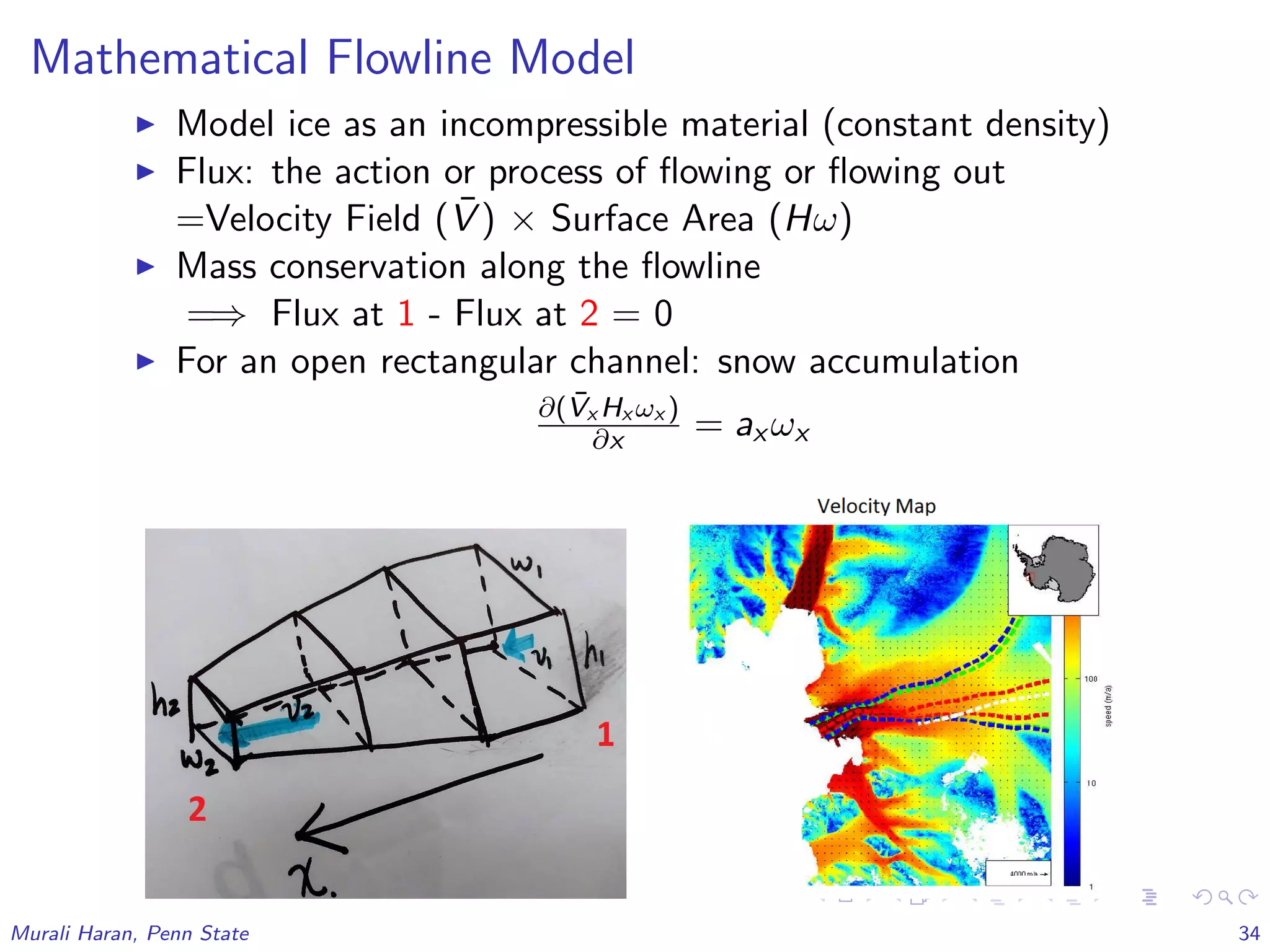 Mathematical Flowline Model
Model ice as an incompressible material (constant density)
Flux: the action or process of ﬂowing or ﬂowing out
=Velocity Field ( ¯V ) × Surface Area (Hω)
Mass conservation along the ﬂowline
=⇒ Flux at 1 - Flux at 2 = 0
For an open rectangular channel: snow accumulation
∂( ¯Vx Hx ωx )
∂x = ax ωx
Murali Haran, Penn State 34
 