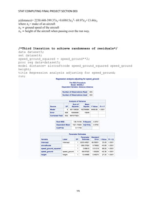 STAT	COMPUTING	FINAL	PROJECT	SECTION	003	
	
	 19	
y(distance)= 2230.448-399.37𝑥"+0.69815𝑥#
#
- 69.97𝑥#+13.44𝑥$
where 𝑥"= make of an aircraft
𝑥# = ground speed of the aircraft
𝑥$ = height of the aircraft when passing over the run way.
/*Third Iteration to achieve randomness of residuals*/
data dataset5;
set dataset4;
speed_ground_squared = speed_ground**2;
proc reg data=dataset5;
model distance= aircraftcode speed_ground_squared speed_ground
height;
title Regression analysis adjusting for speed_ground;
run;
 