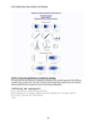 STAT	COMPUTING	FINAL	PROJECT	SECTION	003	
	
	 20	
STEP 4: Check the distribution of residuals by plotting
We can check the distribution of residuals by plotting all the residual against all the different
variables using scatter plots. We don’t find any relationship being explained by the residuals
which satisfies the first condition of error terms being independent.
/*Plotting the residuals*/
proc sgscatter data=diagnostics;
plot(duration no_pasg speed_ground speed_air height pitch
aircraft distance)*residual;
run;
 
