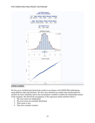 STAT	COMPUTING	FINAL	PROJECT	SECTION	003	
	
	 23	
CONCLUSION:
We have now modeled and checked the model in accordance with CRISP DM methodology
using different steps and iterations. We have also reframed our model with transformation to
account for more variability and to also use predictor variables to define the relationship instead
of the residuals. We find all the assumptions of the regression model satisfied which is
1. The error terms are independent.
2. The error terms are normally distributed.
3. Their mean is zero
4. They have constant variance.
 