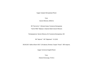 Суддя: Саварин Володимир (Рівне)
Голи:
Засєкін Микола, 108 (0:1)
ФК "Костопіль": 1.Вєтров Назар; Головачик Володимир
"Ізотоп-РАЕС" (Вараш): 1.Крисюк Юрій; Засєкін Микола
Попередження: Засєкін Микола, 44; Головачик Володимир, 103
ФК "Зарічне" - ФК "Рафалівка" - 0:1 (0:0)
09.04.2017. Кубок області 2017. 1/16 фіналу. Вичівка. Стадіон "Колос". 300 глядачів.
Суддя: Ганіченко Андрій (Рівне)
Голи:
Левков Олександр, 73 (0:1)
 