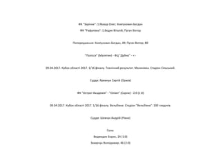 ФК "Зарічне": 1.Мазур Олег; Ковтунович Богдан
ФК "Рафалівка": 1.Бедик Віталій; Пугач Віктор
Попередження: Ковтунович Богдан, 49; Пугач Віктор, 80
"Полісся" (Малятин) - ФЦ "Дубно" - +:-
09.04.2017. Кубок області 2017. 1/16 фіналу. Технічний результат. Малинівка. Стадіон Сільський.
Суддя: Яремчук Сергій (Оржів)
ФК "Острог-Академія" - "Олімп" (Сарни) - 2:0 (1:0)
09.04.2017. Кубок області 2017. 1/16 фіналу. Вельбівне. Стадіон "Вельбівне". 100 глядачів.
Суддя: Шевчук Андрій (Рівне)
Голи:
Ведмедик Борис, 24 (1:0)
Захарчук Володимир, 46 (2:0)
 