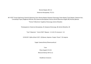 Вознюк Вадим, 68 (1:1)
Хомончак Володимир, 75 (2:1)
ФК "АГАТ" (Гоща): Дем'янець Олексій; Буркалець Олег; Вознюк Вадим; Кухарчук Олександр; Лозян Вадим; Сачук Вадим; Семенюк Іван;
Стельмащук Тарас (Парфенюк Максим, 46); Хомончак Володимир; Шепель Віталій (Василюк Андрій, 80); Вознюк Дмитро
"Полісся" (Малятин): Гордійчук Олександр; Шитюк Михайло
Попередження: Хомончак Володимир, 35; Кухарчук Олександр, 38; Шитюк Михайло, 58
"Случ" (Березне) - "Ізотоп-РАЕС" (Вараш) - 1:1 (1:0). По пенальти - 4:3
15.04.2017. Кубок області 2017. 1/8 фіналу. Березне. Стадіон "Колос". 50 глядачів.
Суддя: Самков Віктор (Рівненський рн)
Голи:
Фізик Андрій, 35 (1:0)
Мельник Віктор, 90+4 (1:1)
Незабитые пенальти:
 