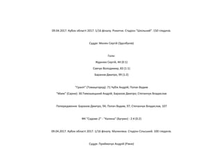 09.04.2017. Кубок області 2017. 1/16 фіналу. Рокитне. Стадіон "Шкільний". 150 глядачів.
Суддя: Милян Сергій (Здолбунів)
Голи:
Жданюк Сергій, 44 (0:1)
Савчук Володимир, 83 (1:1)
Баранов Дмитро, 99 (1:2)
"Граніт" (Томашгород): 71.Чубік Андрій; Попач Вадим
"Маяк" (Сарни): 30.Тимошицький Андрій; Баранов Дмитро; Степанчук Владислав
Попередження: Баранов Дмитро, 94; Попач Вадим, 97; Степанчук Владислав, 107
ФК "Садове-2" - "Калина" (Бугрин) - 2:4 (0:2)
09.04.2017. Кубок області 2017. 1/16 фіналу. Малинівка. Стадіон Сільський. 100 глядачів.
Суддя: Приймачук Андрій (Рівне)
 