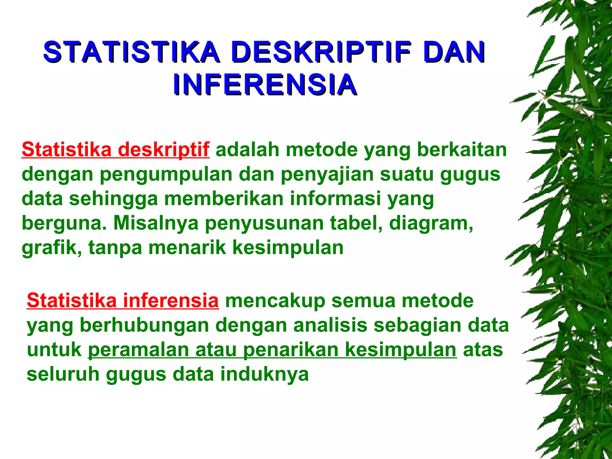 STATISTIKA DESKRIPTIF DAN
         INFERENSIA

Statistika deskriptif adalah metode yang berkaitan
dengan pengumpulan dan penyajian suatu gugus
data sehingga memberikan informasi yang
berguna. Misalnya penyusunan tabel, diagram,
grafik, tanpa menarik kesimpulan

Statistika inferensia mencakup semua metode
yang berhubungan dengan analisis sebagian data
untuk peramalan atau penarikan kesimpulan atas
seluruh gugus data induknya
 