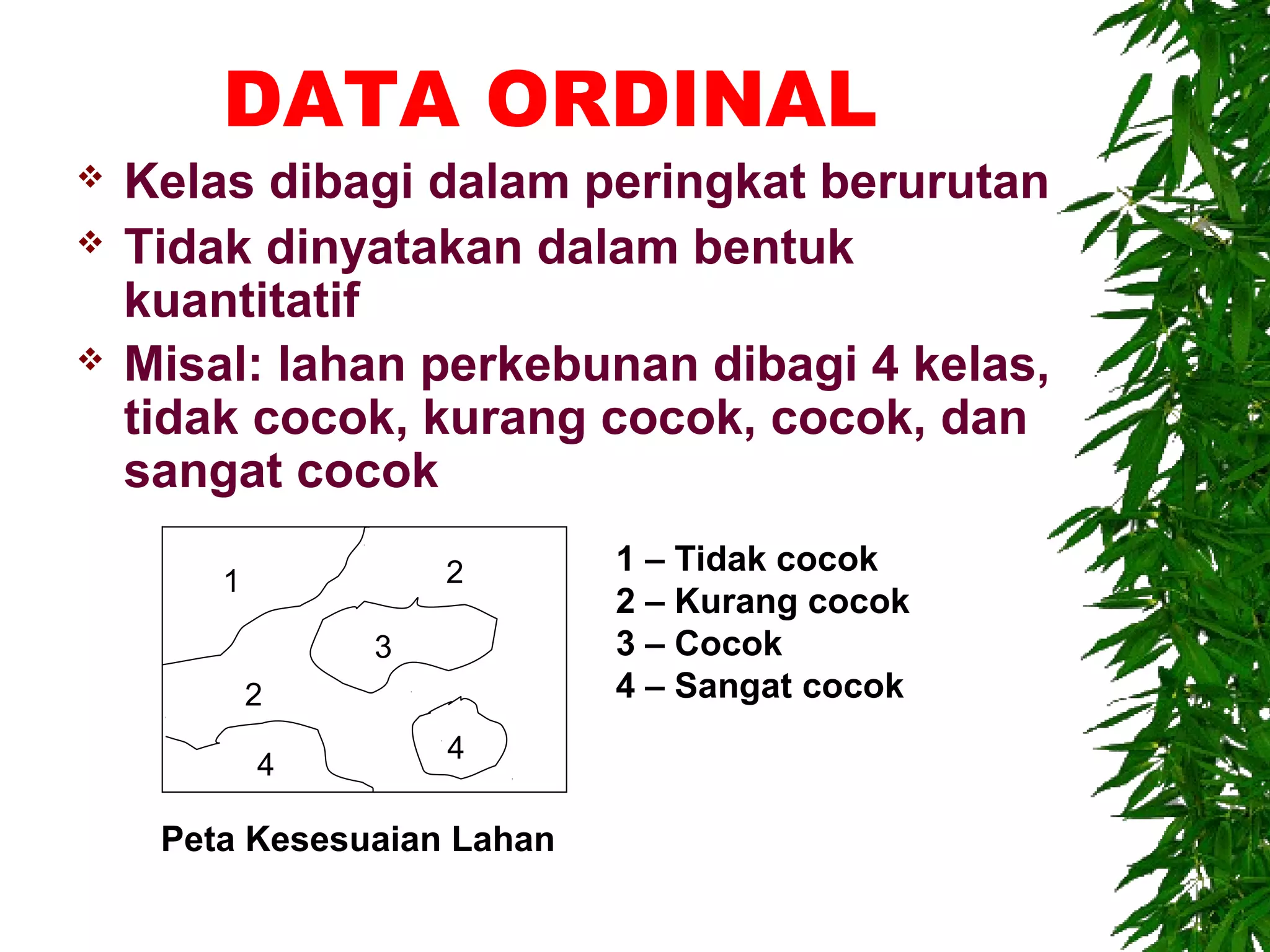 DATA ORDINAL
   Kelas dibagi dalam peringkat berurutan
   Tidak dinyatakan dalam bentuk
    kuantitatif
   Misal: lahan perkebunan dibagi 4 kelas,
    tidak cocok, kurang cocok, cocok, dan
    sangat cocok
                    2        1 – Tidak cocok
        1
                             2 – Kurang cocok
                3            3 – Cocok
            2                4 – Sangat cocok
                    4
            4

     Peta Kesesuaian Lahan
 