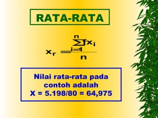 RATA-RATA
           n
          ∑ xi
           f
   x r =i=1
          n

 Nilai rata-rata pada
    contoh adalah
X = 5.198/80 = 64,975
 