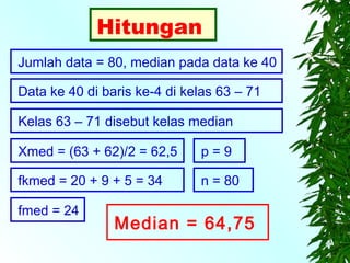 Hitungan
Jumlah data = 80, median pada data ke 40

Data ke 40 di baris ke-4 di kelas 63 – 71

Kelas 63 – 71 disebut kelas median

Xmed = (63 + 62)/2 = 62,5     p=9

fkmed = 20 + 9 + 5 = 34       n = 80

fmed = 24
                Median = 64,75
 