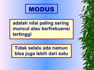 MODUS

adalah nilai paling sering
muncul atau berfrekuensi
tertinggi

Tidak selalu ada namun
bisa juga lebih dari satu
 