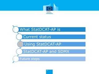 What StatDCAT-AP is
Current status
Using StatDCAT-AP
StatDCAT-AP and SDMX
Future steps
 
