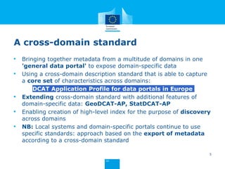 • Bringing together metadata from a multitude of domains in one
'general data portal' to expose domain-specific data
• Using a cross-domain description standard that is able to capture
a core set of characteristics across domains:
DCAT Application Profile for data portals in Europe
• Extending cross-domain standard with additional features of
domain-specific data: GeoDCAT-AP, StatDCAT-AP
• Enabling creation of high-level index for the purpose of discovery
across domains
• NB: Local systems and domain-specific portals continue to use
specific standards: approach based on the export of metadata
according to a cross-domain standard
5
A cross-domain standard
 