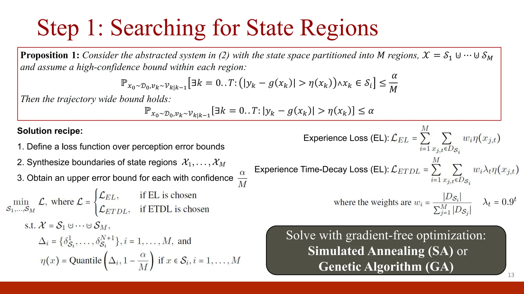 Step 1: Searching for State Regions
13
Solution recipe:
1. Define a loss function over perception error bounds
2. Synthesize boundaries of state regions
3. Obtain an upper error bound for each with confidence
Solve with gradient-free optimization:
Simulated Annealing (SA) or
Genetic Algorithm (GA)
Experience Loss (EL):
Experience Time-Decay Loss (EL):
 