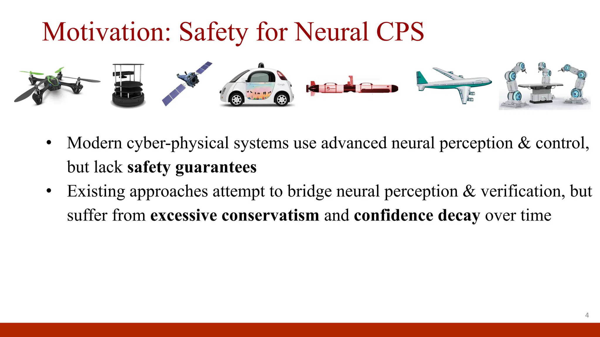 Motivation: Safety for Neural CPS
• Modern cyber-physical systems use advanced neural perception & control,
but lack safety guarantees
• Existing approaches attempt to bridge neural perception & verification, but
suffer from excessive conservatism and confidence decay over time
4
 