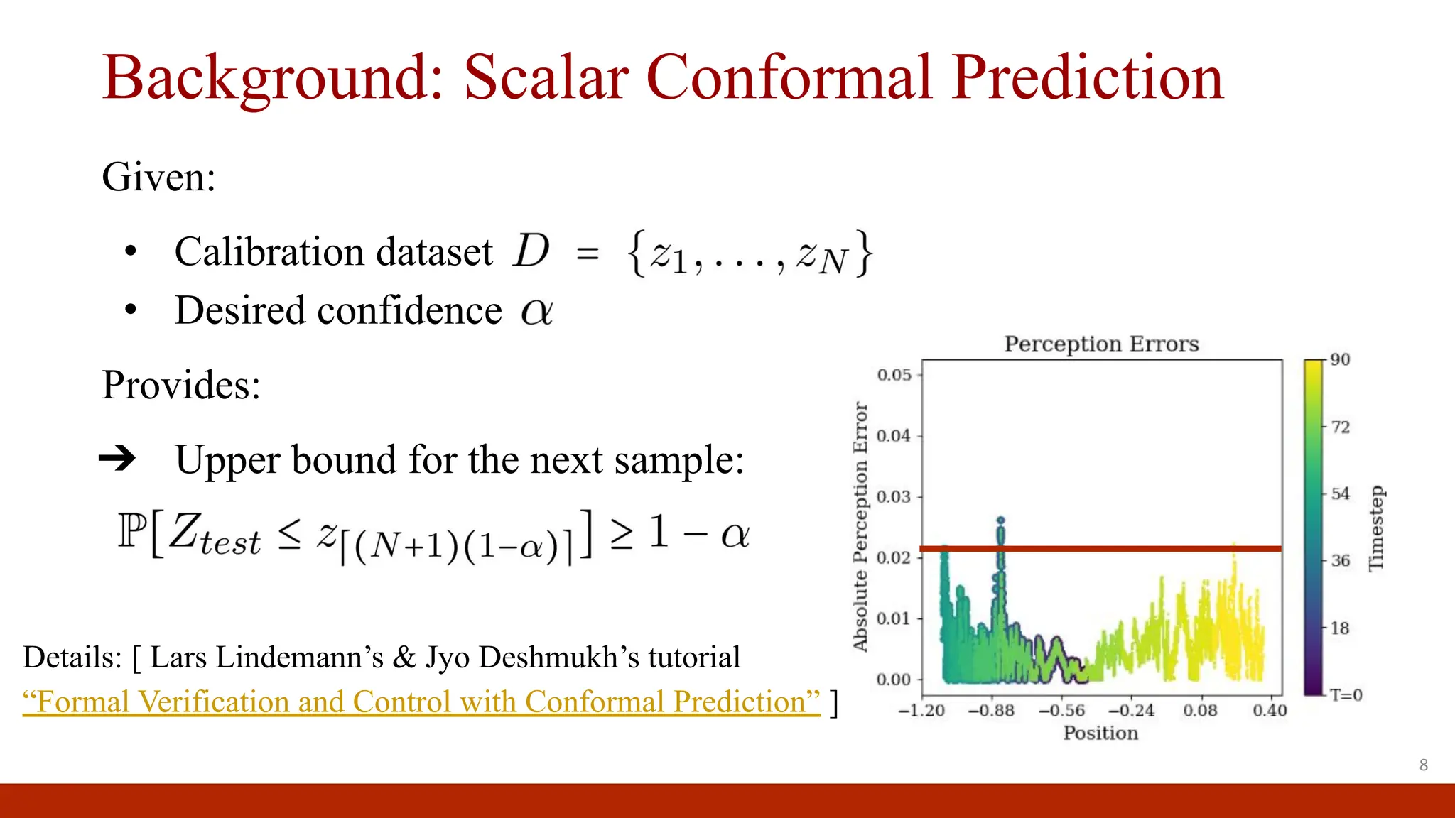 Background: Scalar Conformal Prediction
8
Given:
• Calibration dataset
• Desired confidence
Provides:
➔ Upper bound for the next sample:
Details: [ Lars Lindemann’s & Jyo Deshmukh’s tutorial
“Formal Verification and Control with Conformal Prediction” ]
 