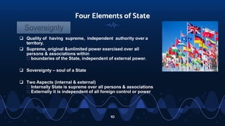 Four Elements of State
10
 Quality of having supreme, independent authority over a
territory.
 Supreme, original &unlimited power exercised over all
persons & associations within
boundaries of the State, independent of external power.
 Sovereignty – soul of a State
 Two Aspects (internal & external)
Internally State is supreme over all persons & associations
Externally it is independent of all foreign control or power
 