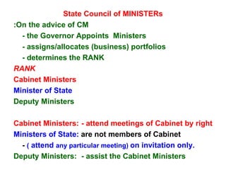 State Council of MINISTERs :On the advice of CM - the Governor Appoints  Ministers - assigns/allocates (business) portfolios  - determines the RANK RANK Cabinet Ministers Minister of State Deputy Ministers Cabinet Ministers:  - attend meetings of Cabinet by right Ministers of State:  are not members of Cabinet -  (   attend  any particular meeting)  on invitation only. Deputy Ministers:  - assist the Cabinet Ministers 