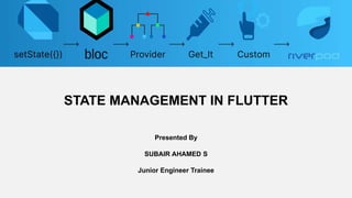 STATE MANAGEMENT IN FLUTTER
Presented By
SUBAIR AHAMED S
Junior Engineer Trainee
 